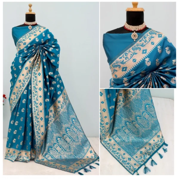 Generic Women's Satin Printed Saree With Unstitched Blouse 5.5Mtr (Aqua Blue) - Image 3