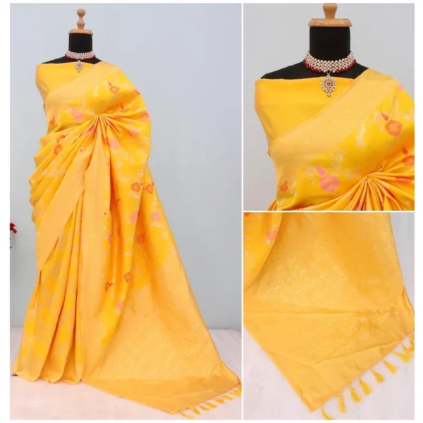 Generic Women's Banarasi Printed Saree With Unstitched Blouse 5.5Mtr (Yellow) - Image 3