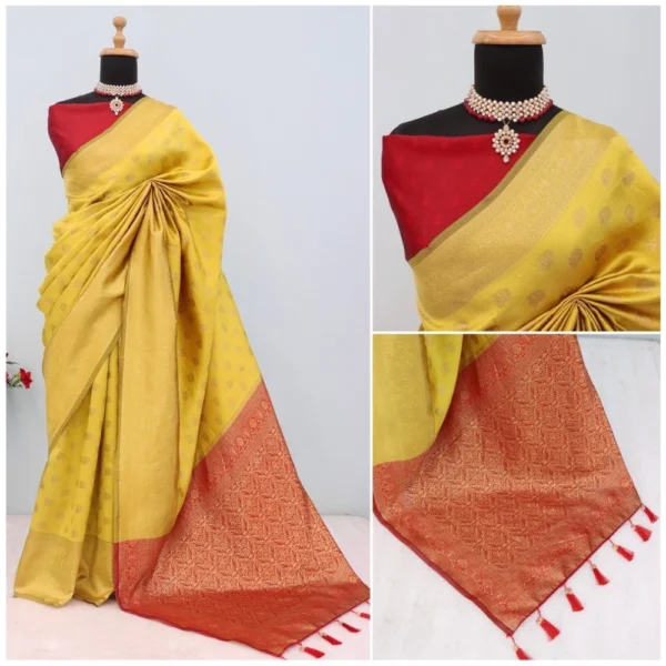Generic Women's Banarasi Printed Saree With Unstitched Blouse 5.5Mtr (Yellow) - Image 3