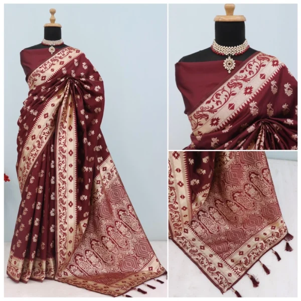 Generic Women's Satin Printed Saree With Unstitched Blouse 5.5Mtr (Brown) - Image 3