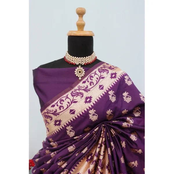 Generic Women's Satin Printed Saree With Unstitched Blouse 5.5Mtr (Purple) - Image 3