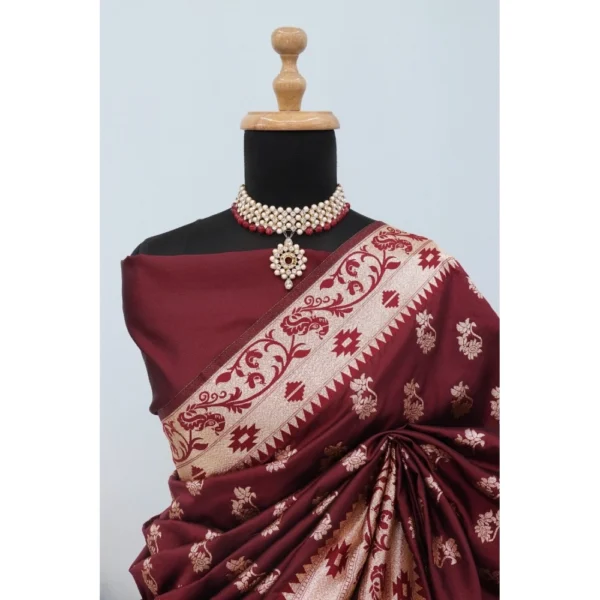 Generic Women's Satin Printed Saree With Unstitched Blouse 5.5Mtr (Brown) - Image 2