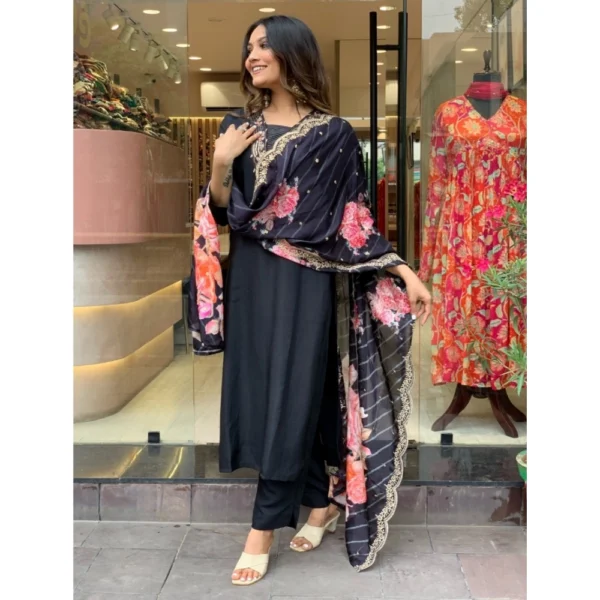 Generic Women's Viscose Rayon Embroidery 3-4th Sleeve V Neck Kurti Set With Dupatta (Black) - Image 4