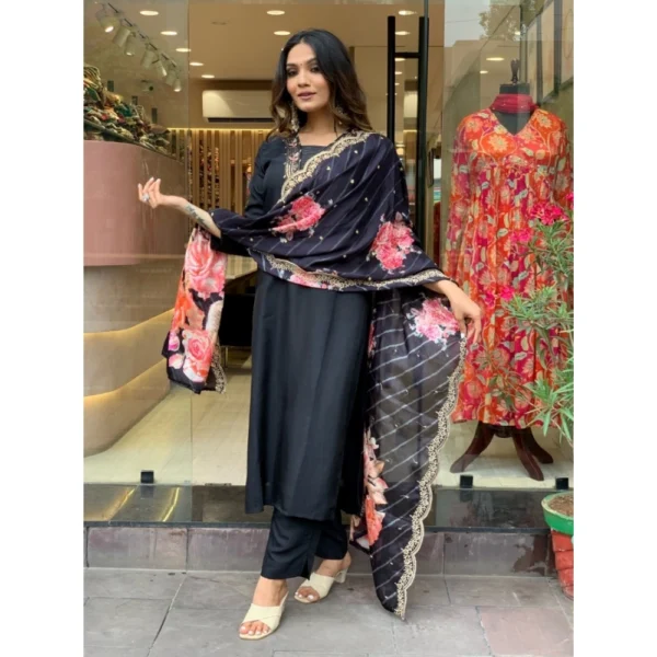 Generic Women's Viscose Rayon Embroidery 3-4th Sleeve V Neck Kurti Set With Dupatta (Black) - Image 3
