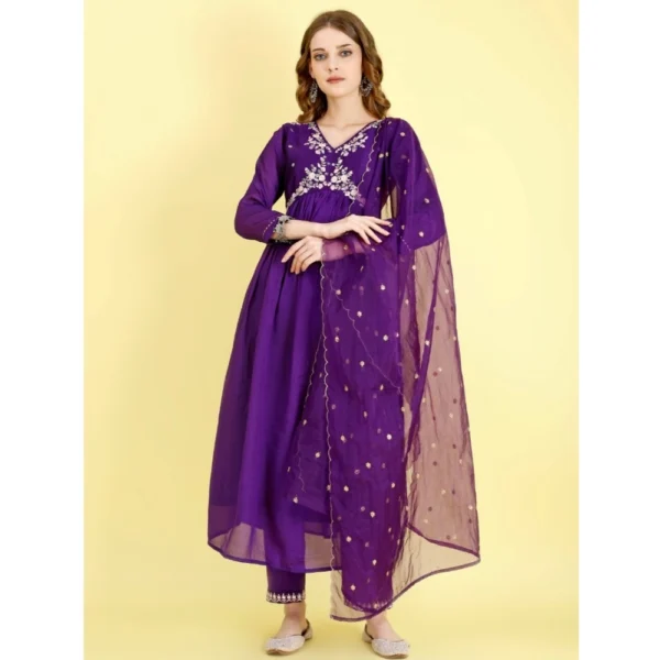Generic Women's Vichitra Embroidery 3-4th Sleeve V Neck Alia Cut Kurti Set With Dupatta (Purple) - Image 4