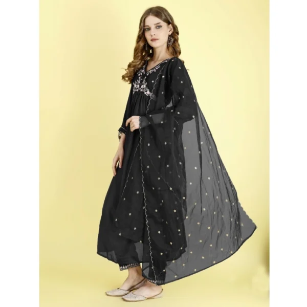 Generic Women's Vichitra Embroidery 3-4th Sleeve V Neck Alia Cut Kurti Set With Dupatta (Black) - Image 4