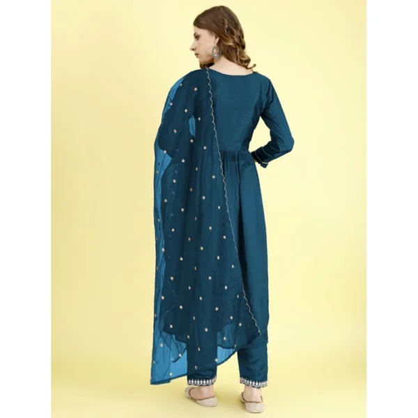 Generic Women's Vichitra Embroidery 3-4th Sleeve V Neck Alia Cut Kurti Set With Dupatta (Blue) - Image 4