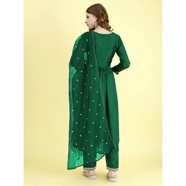 Generic Women's Vichitra Embroidery 3-4th Sleeve V Neck Alia Cut Kurti Set With Dupatta (Green) - Image 3