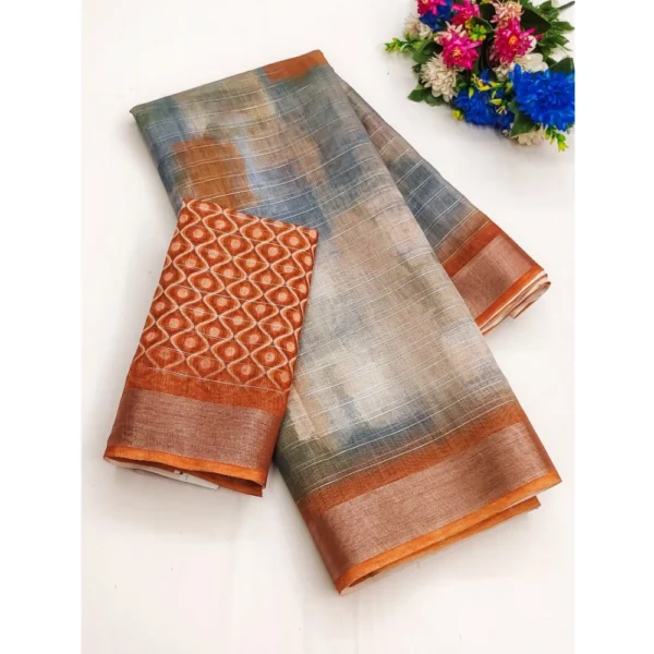 Generic Women's Cotton-Linen Printed Saree With Unstitched Blouse (5.5Mtr, Brown)