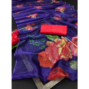 Generic Women's Organza Printed Saree With Unstitched Blouse (5.5Mtr, Blue)