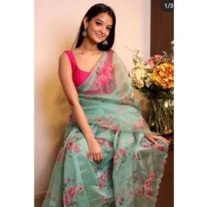 Generic Women's Organza Printed Saree With Unstitched Blouse (5.5Mtr, Rama)