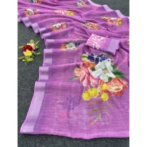 Generic Women's Cotton Linen Printed Saree With Unstitched Blouse (5.5Mtr, Purple)