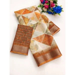 Generic Women's Cotton-Linen Printed Saree With Unstitched Blouse (5.5Mtr, Brown)