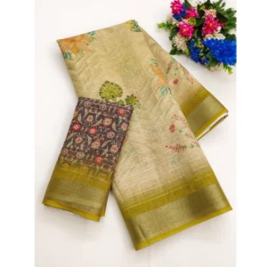 Generic Women's Cotton-Linen Printed Saree With Unstitched Blouse (5.5Mtr, Mehandi)