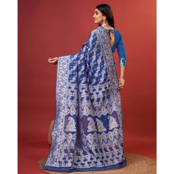 Generic Women's Cotton Silk Printed Saree With Unstitched Blouse 5.5Mtr (Blue) - Image 4