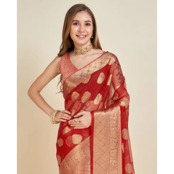 Generic Women's Soft Organza Silk Weaving Design Saree With Unstitched Blouse 5.5Mtr (Red) - Image 3