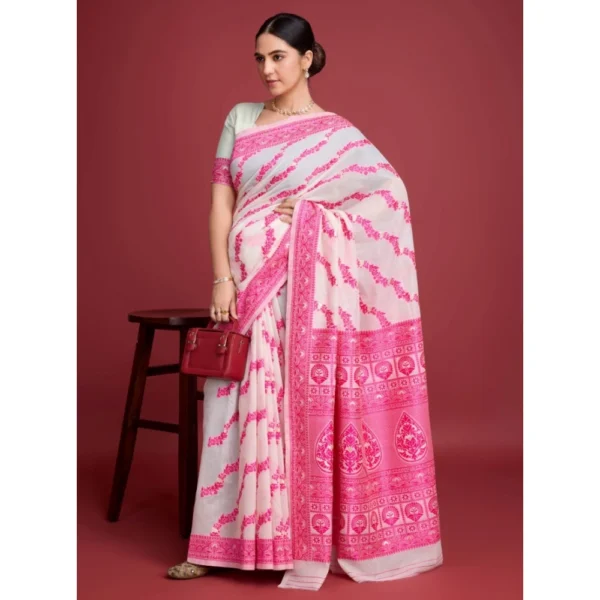 Generic Women's Jamdani Cotton Silk Printed Saree With Unstitched Blouse 5.5Mtr (Pink) - Image 2