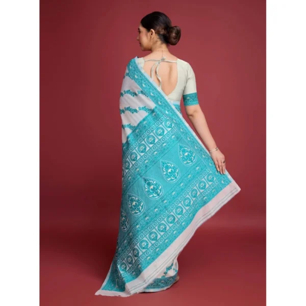 Generic Women's Jamdani Cotton Silk Printed Saree With Unstitched Blouse 5.5Mtr (Rama) - Image 4