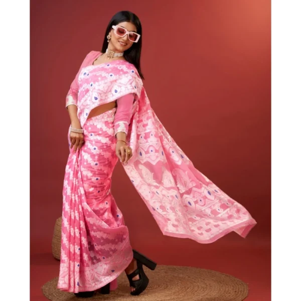 Generic Women's Cotton Silk Printed Saree With Unstitched Blouse 5.5Mtr (Pink) - Image 2
