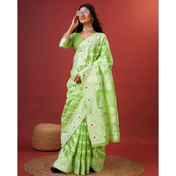 Generic Women's Cotton Silk Printed Saree With Unstitched Blouse 5.5Mtr (Light Green) - Image 2