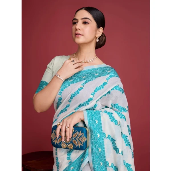 Generic Women's Jamdani Cotton Silk Printed Saree With Unstitched Blouse 5.5Mtr (Rama) - Image 2