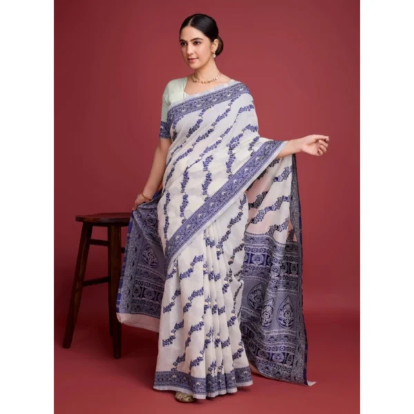 Generic Women's Jamdani Cotton Silk Printed Saree With Unstitched Blouse 5.5Mtr (Navy Blue) - Image 2
