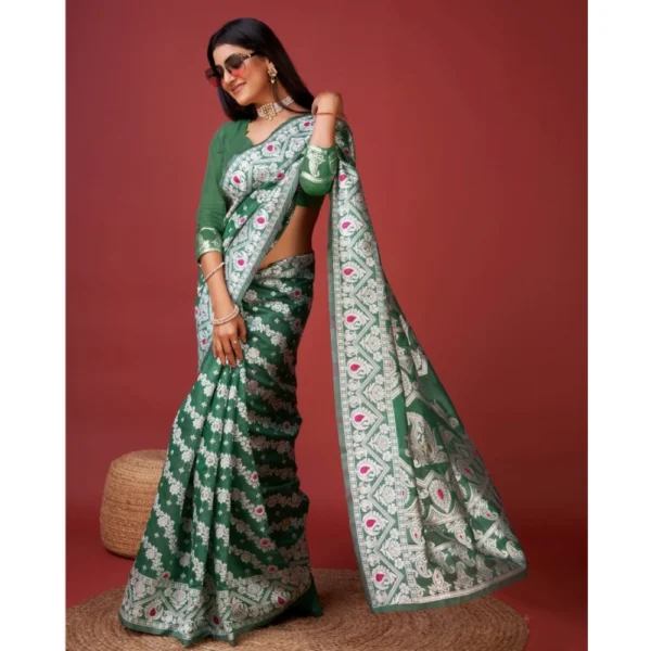 Generic Women's Cotton Silk Printed Saree With Unstitched Blouse 5.5Mtr (Green) - Image 2