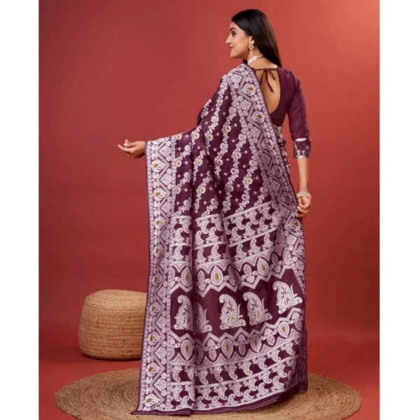 Generic Women's Cotton Silk Printed Saree With Unstitched Blouse 5.5Mtr (Purple) - Image 4