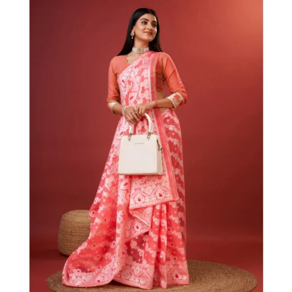 Generic Women's Cotton Silk Printed Saree With Unstitched Blouse 5.5Mtr (Peach) - Image 2