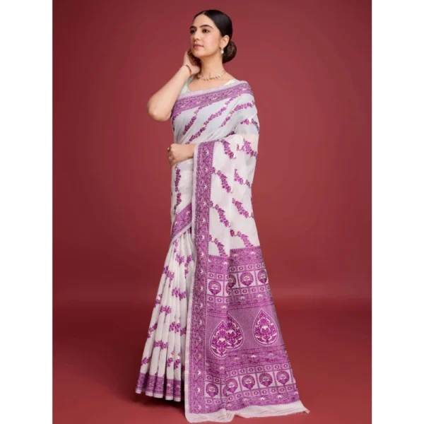 Generic Women's Jamdani Cotton Silk Printed Saree With Unstitched Blouse 5.5Mtr (Wine) - Image 3