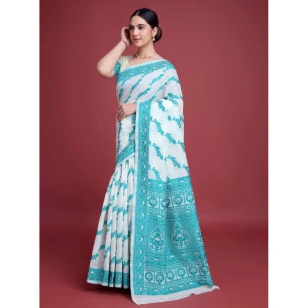 Generic Women's Jamdani Cotton Silk Printed Saree With Unstitched Blouse 5.5Mtr (Rama) - Image 3