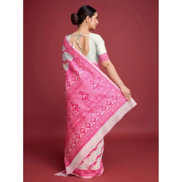 Generic Women's Jamdani Cotton Silk Printed Saree With Unstitched Blouse 5.5Mtr (Pink) - Image 4