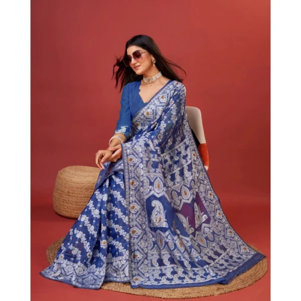 Generic Women's Cotton Silk Printed Saree With Unstitched Blouse 5.5Mtr (Blue) - Image 2