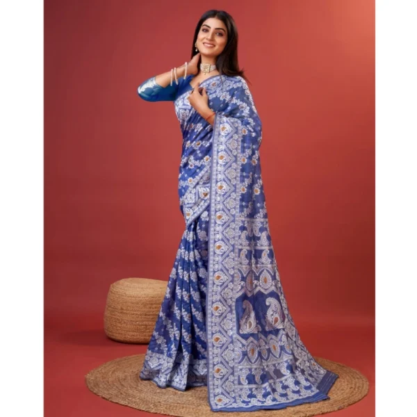 Generic Women's Cotton Silk Printed Saree With Unstitched Blouse 5.5Mtr (Blue) - Image 3