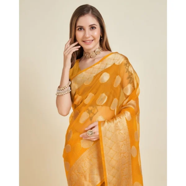 Generic Women's Soft Organza Silk Weaving Design Saree With Unstitched Blouse 5.5Mtr (Yellow) - Image 3