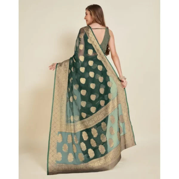 Generic Women's Soft Organza Silk Weaving Design Saree With Unstitched Blouse 5.5Mtr (Green) - Image 4