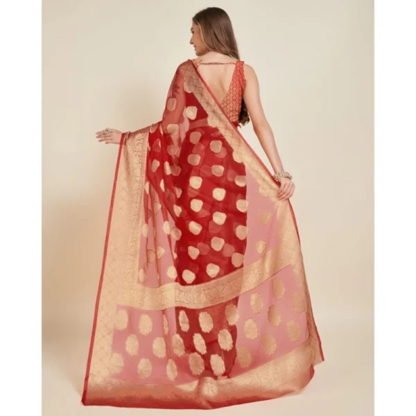 Generic Women's Soft Organza Silk Weaving Design Saree With Unstitched Blouse 5.5Mtr (Red) - Image 4