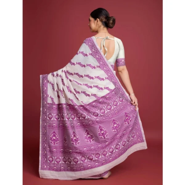 Generic Women's Jamdani Cotton Silk Printed Saree With Unstitched Blouse 5.5Mtr (Wine) - Image 4