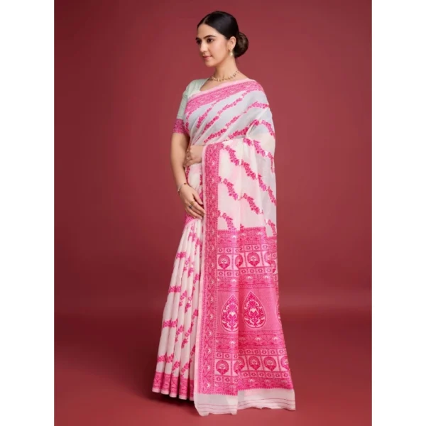 Generic Women's Jamdani Cotton Silk Printed Saree With Unstitched Blouse 5.5Mtr (Pink) - Image 3