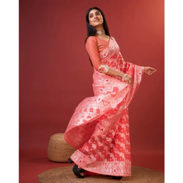 Generic Women's Cotton Silk Printed Saree With Unstitched Blouse 5.5Mtr (Peach) - Image 3