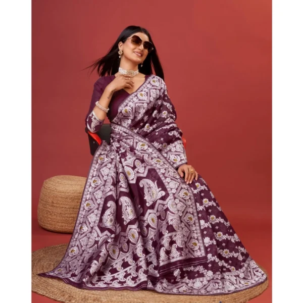 Generic Women's Cotton Silk Printed Saree With Unstitched Blouse 5.5Mtr (Purple) - Image 2