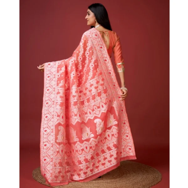 Generic Women's Cotton Silk Printed Saree With Unstitched Blouse 5.5Mtr (Peach) - Image 4
