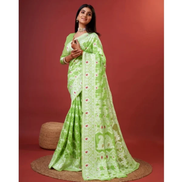 Generic Women's Cotton Silk Printed Saree With Unstitched Blouse 5.5Mtr (Light Green) - Image 3