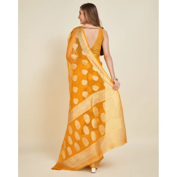 Generic Women's Soft Organza Silk Weaving Design Saree With Unstitched Blouse 5.5Mtr (Yellow) - Image 4