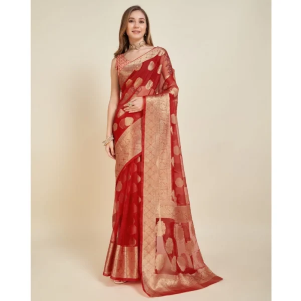 Generic Women's Soft Organza Silk Weaving Design Saree With Unstitched Blouse 5.5Mtr (Red) - Image 2