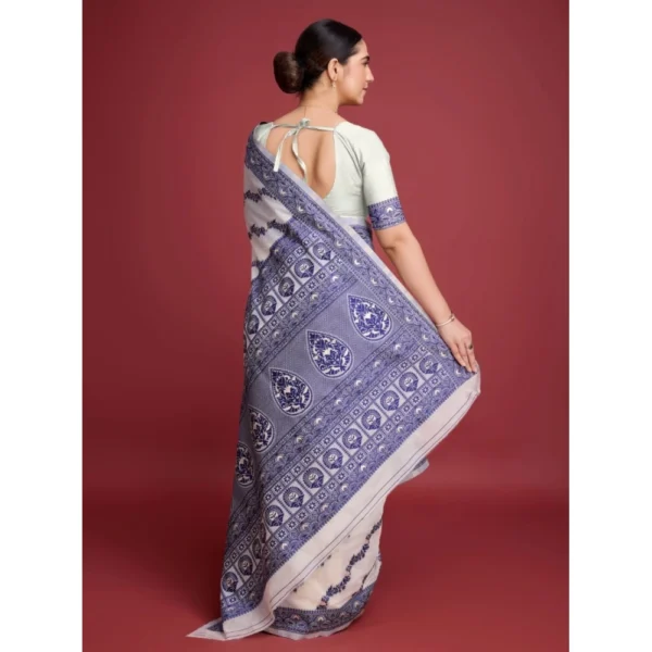 Generic Women's Jamdani Cotton Silk Printed Saree With Unstitched Blouse 5.5Mtr (Navy Blue) - Image 4