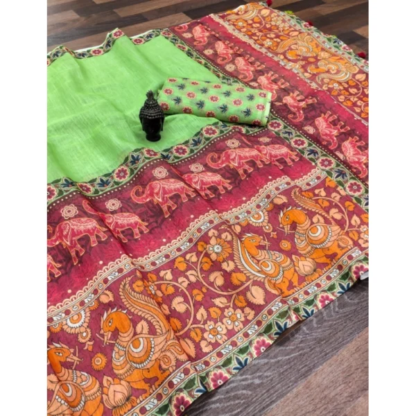 Generic Women's linen Digital Print Saree With Unstitched Blouse 5.5Mtr (Light Green)