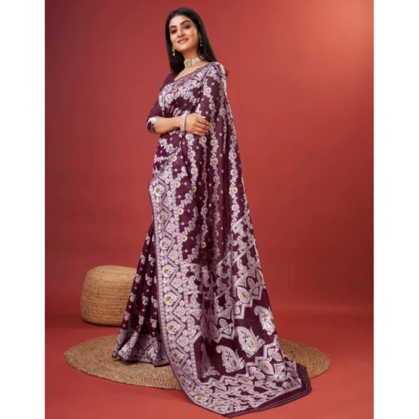 Generic Women's Cotton Silk Printed Saree With Unstitched Blouse 5.5Mtr (Purple) - Image 3