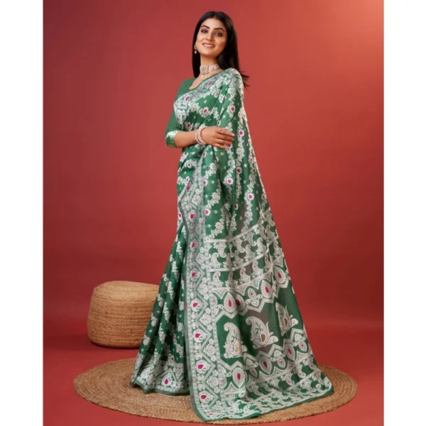 Generic Women's Cotton Silk Printed Saree With Unstitched Blouse 5.5Mtr (Green) - Image 3