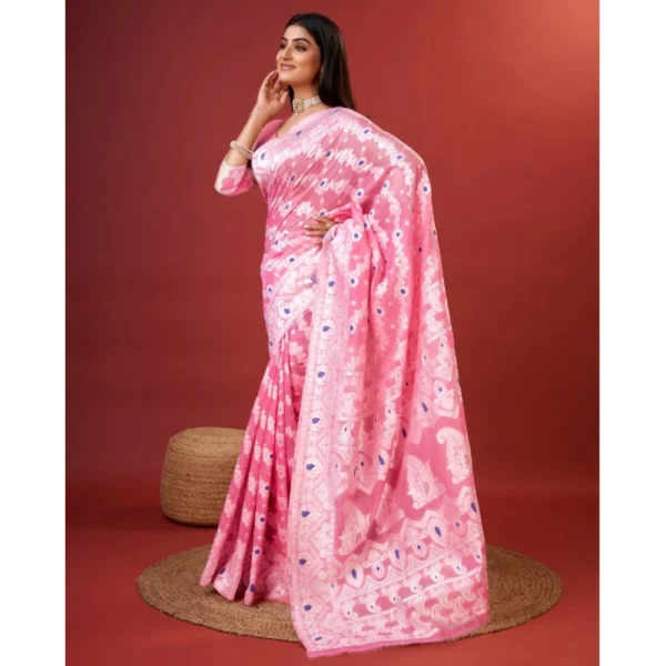 Generic Women's Cotton Silk Printed Saree With Unstitched Blouse 5.5Mtr (Pink) - Image 3